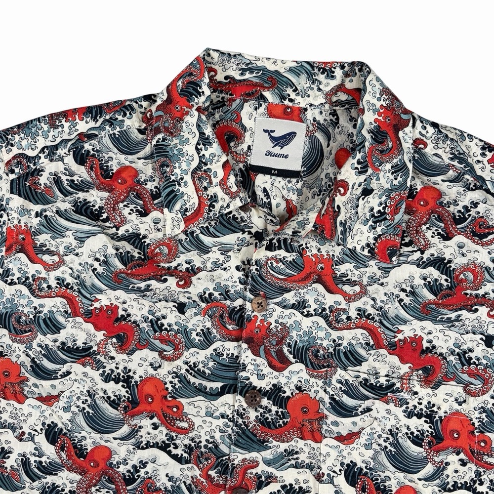Yiume Hawaiian Button Up Shirt Japan Octopus Revelry Camp Collar Wave Cotton M